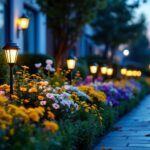A photograph of a beautifully landscaped flower bed illuminated by an array of stylish solar lights during twilight