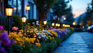 A photograph of a beautifully landscaped flower bed illuminated by an array of stylish solar lights during twilight