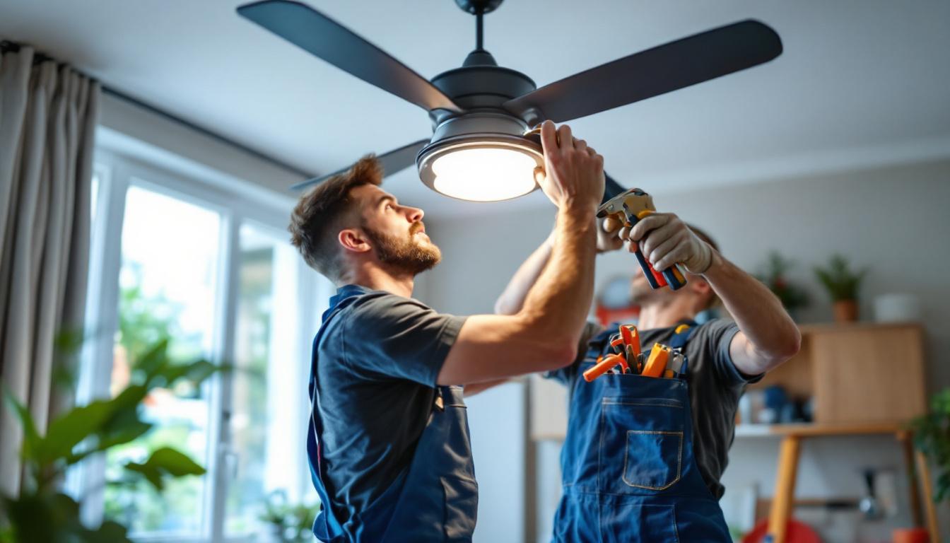 A photograph of a skilled lighting contractor expertly replacing a fan light cover in a modern home setting
