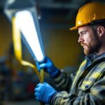 A photograph of a lighting contractor measuring the length of a fluorescent bulb with a tape measure in a well-lit workspace