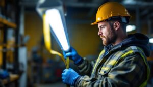 A photograph of a lighting contractor measuring the length of a fluorescent bulb with a tape measure in a well-lit workspace