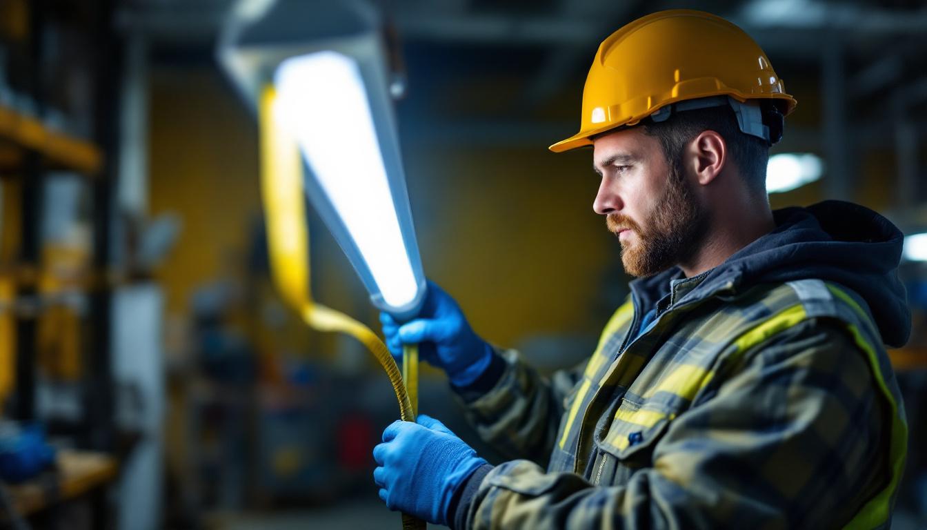 A photograph of a lighting contractor measuring the length of a fluorescent bulb with a tape measure in a well-lit workspace