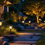 A photograph of a beautifully landscaped outdoor space illuminated by various styles of solar lights at dusk