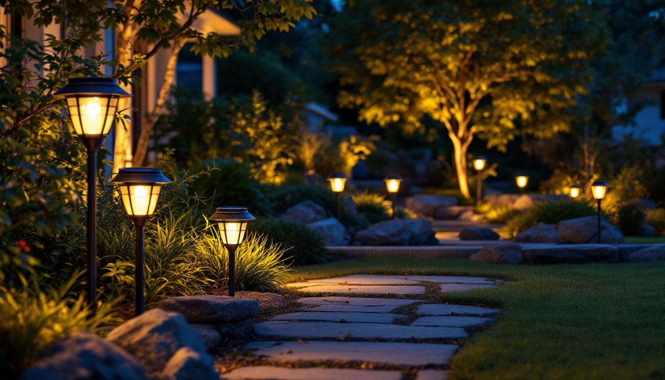 A photograph of a beautifully landscaped outdoor space illuminated by various styles of solar lights at dusk