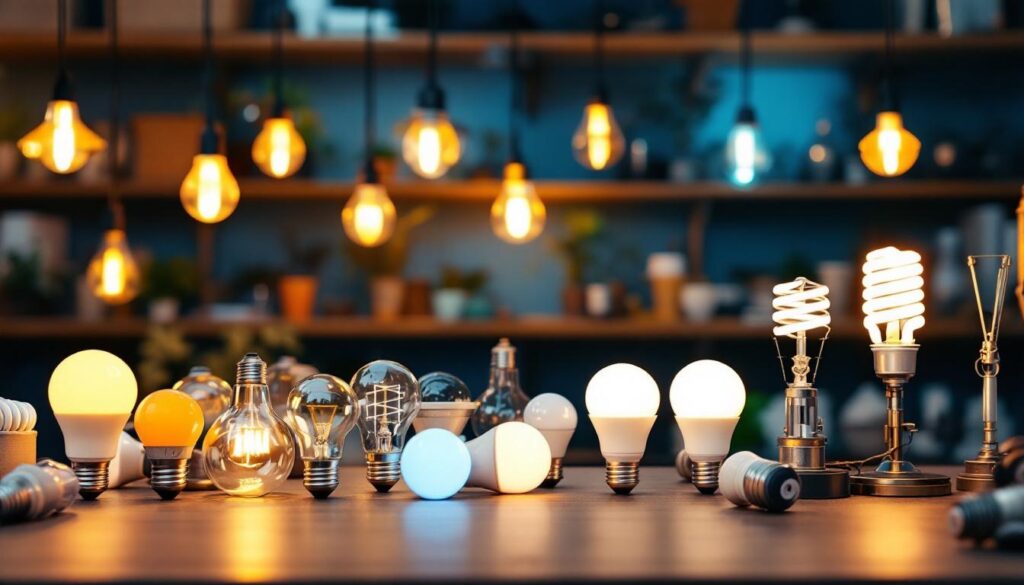 A photograph of a well-organized display of various types of lightbulbs