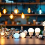 A photograph of a well-organized display of various types of lightbulbs