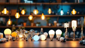 A photograph of a well-organized display of various types of lightbulbs