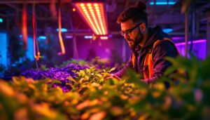 A photograph of a vibrant indoor garden illuminated by energy-efficient led grow lights