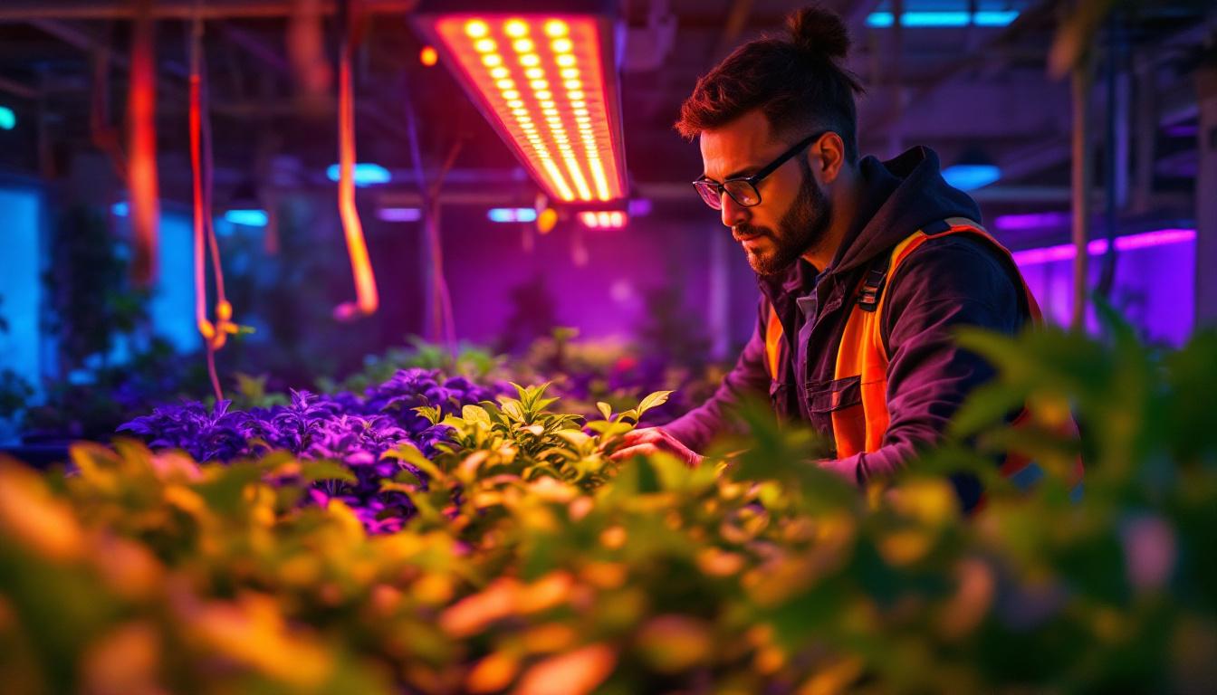 A photograph of a vibrant indoor garden illuminated by energy-efficient led grow lights