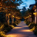 A photograph of a beautifully illuminated outdoor walkway featuring creative lighting designs