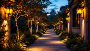 A photograph of a beautifully illuminated outdoor walkway featuring creative lighting designs