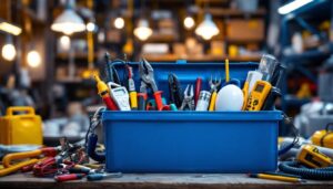 A photograph of an organized toolbox filled with essential electrician tools
