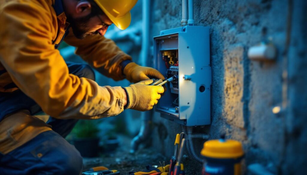 A photograph of a lighting contractor carefully installing an outdoor electrical housing unit