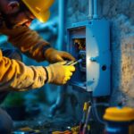 A photograph of a lighting contractor carefully installing an outdoor electrical housing unit