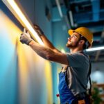 A photograph of a skilled lighting contractor installing led tube lights in a modern workspace