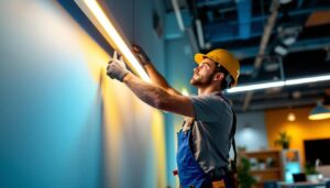 A photograph of a skilled lighting contractor installing led tube lights in a modern workspace