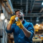 A photograph of a lighting contractor installing led bypass bulbs in a commercial space
