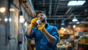 A photograph of a lighting contractor installing led bypass bulbs in a commercial space