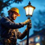 A photograph of a skilled lighting contractor installing a decorative pole light in an outdoor setting