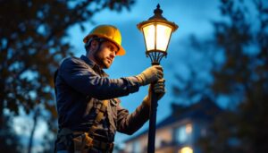 A photograph of a skilled lighting contractor installing a decorative pole light in an outdoor setting