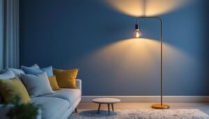 A photograph of a stylish american-made floor lamp in a beautifully designed living space