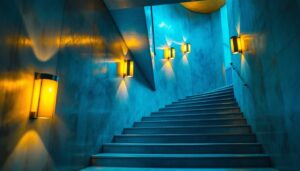 A photograph of a beautifully designed stairwell illuminated by stylish light fixtures