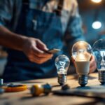 A photograph of a lighting contractor examining various standard light bulb bases on a workbench