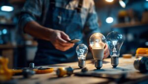 A photograph of a lighting contractor examining various standard light bulb bases on a workbench