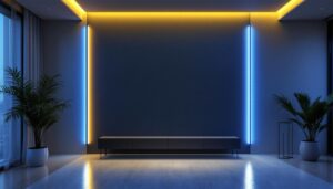 A photograph of a modern corner light wall installation in a stylish interior setting