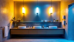 A photograph of a beautifully designed bathroom showcasing various light fixtures