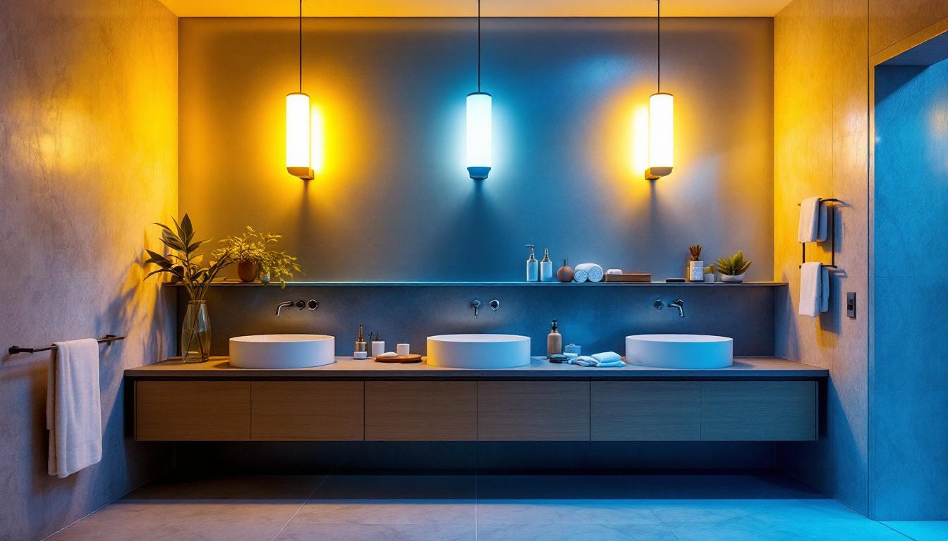 A photograph of a beautifully designed bathroom showcasing various light fixtures