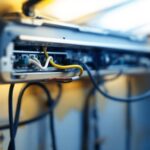 A photograph of a close-up shot of a fluorescent light fixture with its ballast exposed