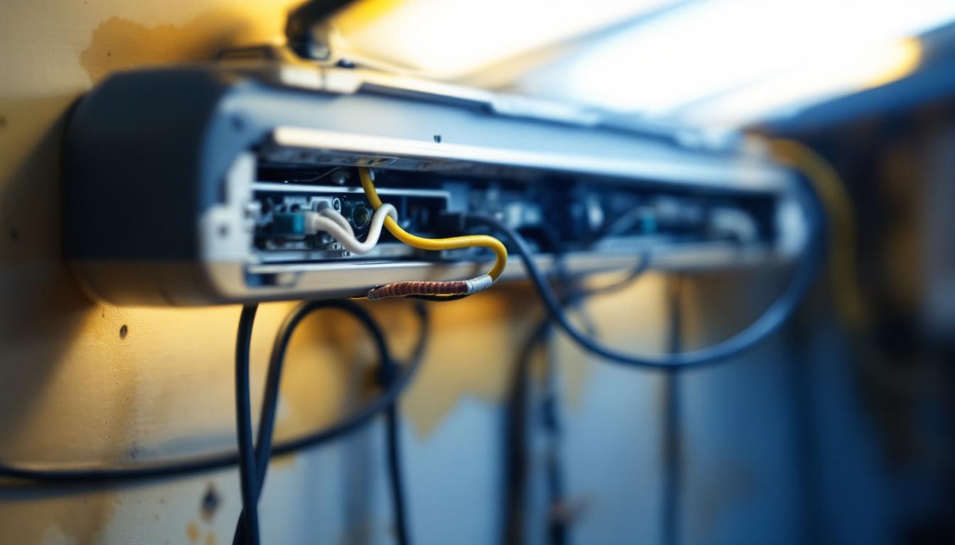 A photograph of a close-up shot of a fluorescent light fixture with its ballast exposed