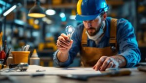 A photograph of a lighting contractor examining a standard base light bulb in a well-lit workspace
