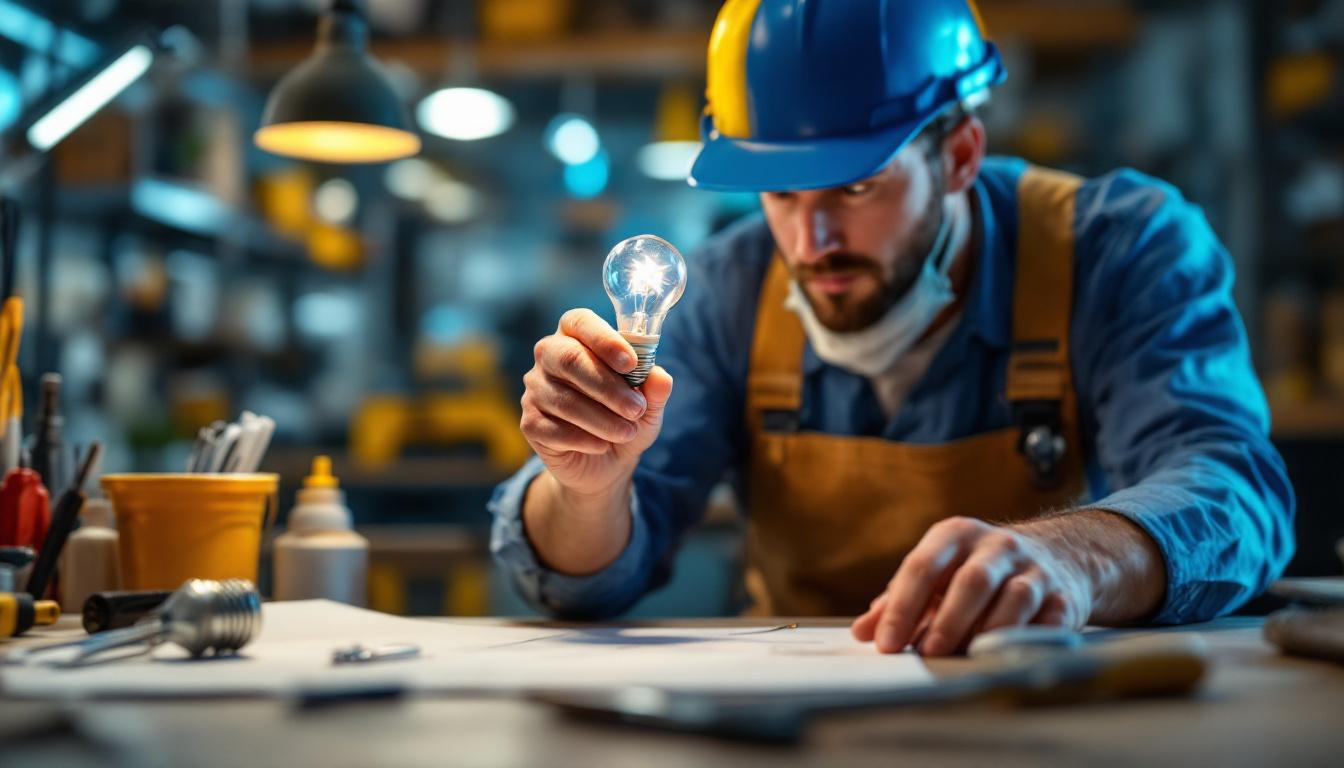 A photograph of a lighting contractor examining a standard base light bulb in a well-lit workspace
