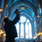 A photograph of a skilled lighting contractor expertly installing or adjusting intricate lighting fixtures within a beautifully illuminated church interior