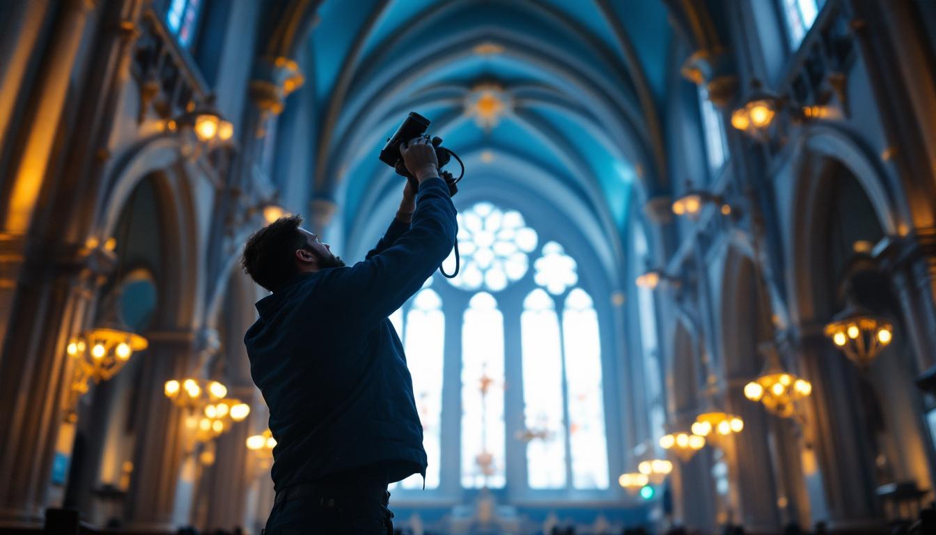 A photograph of a skilled lighting contractor expertly installing or adjusting intricate lighting fixtures within a beautifully illuminated church interior