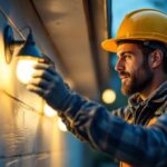 A photograph of a lighting contractor installing solar-powered lights in a residential or commercial outdoor setting