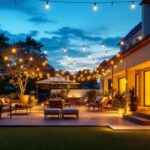 A photograph of a beautifully lit outdoor space showcasing various led light fixtures in use