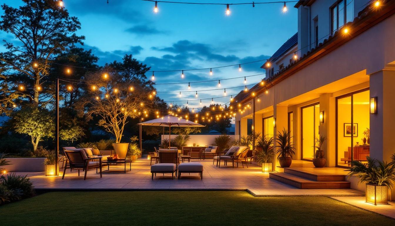 A photograph of a beautifully lit outdoor space showcasing various led light fixtures in use