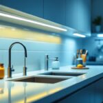 A photograph of a well-lit kitchen featuring stylish led undercounter lights illuminating the workspace
