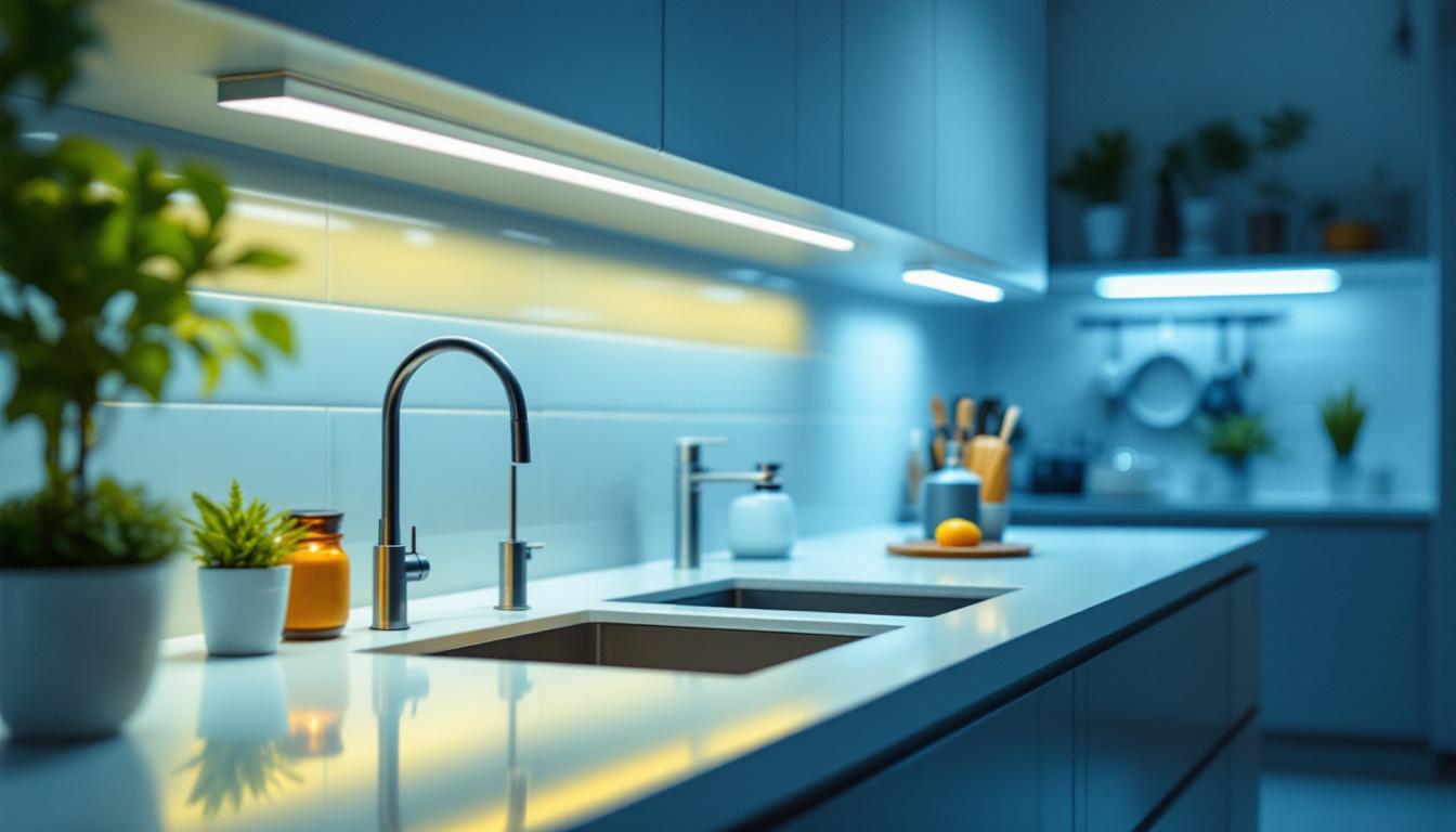 A photograph of a well-lit kitchen featuring stylish led undercounter lights illuminating the workspace