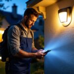 A photograph of a lighting contractor installing motion-activated outdoor lights in a residential setting