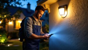 A photograph of a lighting contractor installing motion-activated outdoor lights in a residential setting