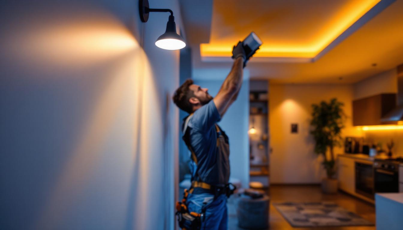 A photograph of a skilled lighting contractor installing elite can lights in a modern residential space