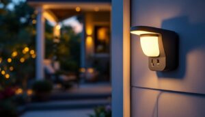 A photograph of a stylish exterior porch light with an integrated outlet