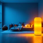 A photograph of a beautifully designed space illuminated by warm amber led lamps