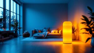 A photograph of a beautifully designed space illuminated by warm amber led lamps
