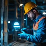 A photograph of a lighting contractor in action