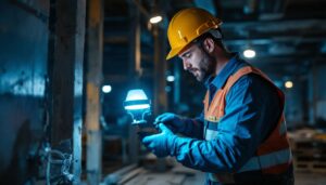 A photograph of a lighting contractor in action